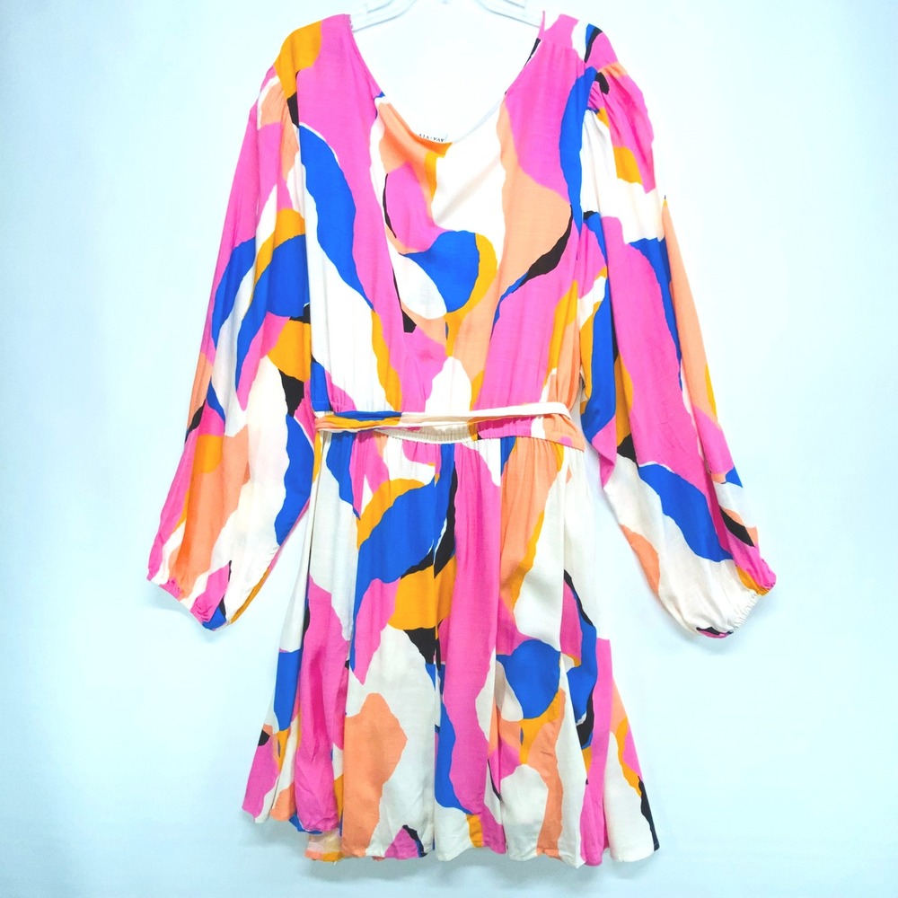 AVA & VIV Women Multicolor Abstract Print Wrap Dress Long Sleeve Belted Size 4X - Picture 2 of 10